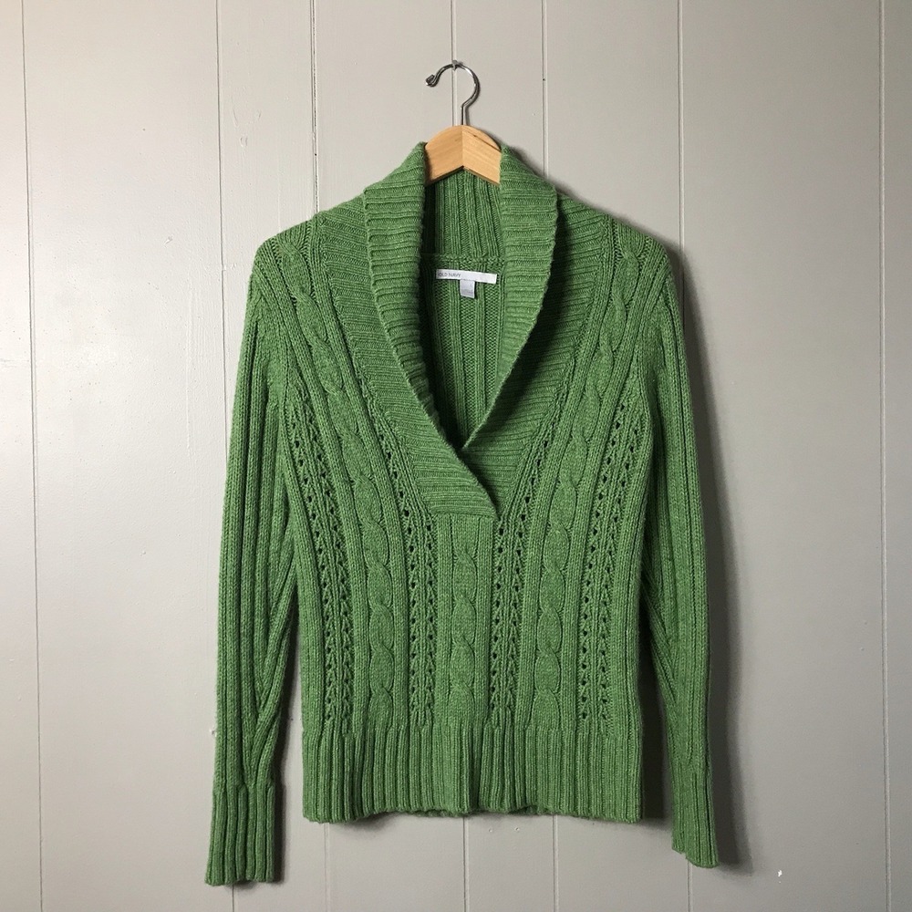 OLD NAVY WOOL BLEND CABLE KNIT GREEN SHAWL NECK SWEATER WOMENS SIZE LARGE